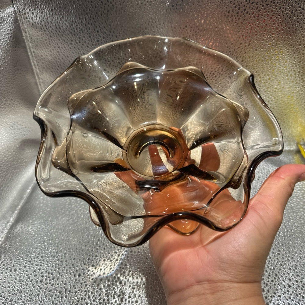 Vintage Viking Glass Amber/Smoke Wavy Double Layer Bowl Candy Dish - Picture 9 of 9